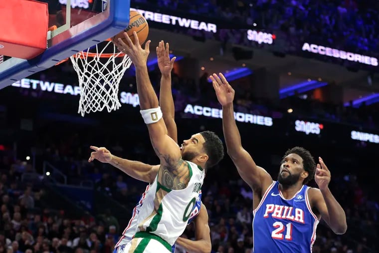 Jayson Tatum (left) of the Celtics and Joel Embiid of the Sixers have been great first-round draft picks for their teams.