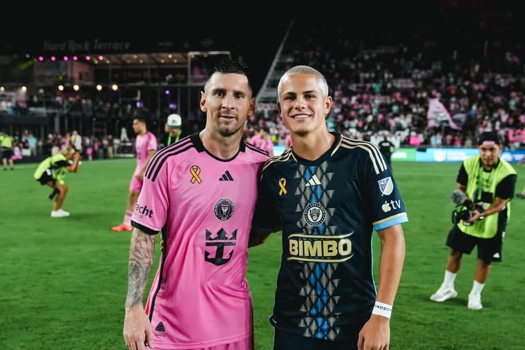 Union teen phenom Cavan Sullivan (right) got to meet Inter Miami superstar Lionel Messi (left) after Miami's 3-1 win over the Union in south Florida on Saturday.