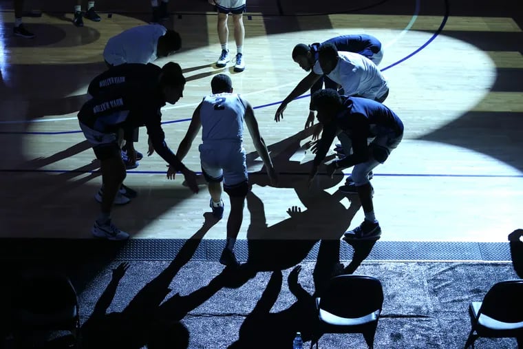 Collin Gillespie of Villanova is introduced as part of the starting line-up against St. Joseph’s on Dec. 19, 2020 at the Finneran Pavilion at Villanova University.