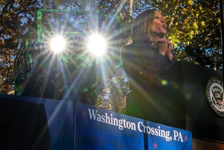 Vice President Kamala Harris speaks at a Republicans for Harris event in Washington Crossing on Wednesday.