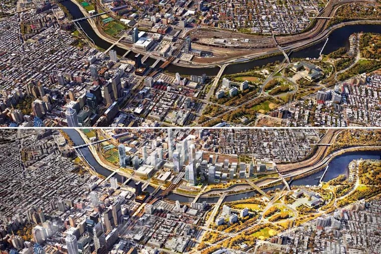 The aerial view of central Philadelphia along the Schuylkill, seen before (above) and after the development of the 30th Street Station District plan by Amtrak and partners.