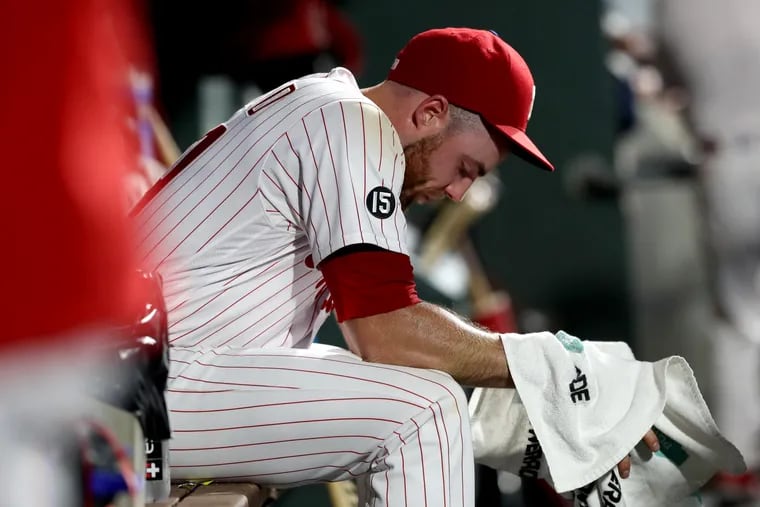 Sam Coonrod of the Phillies after allowing two runs in the seventh inning against the Cubs on Tuesday night.