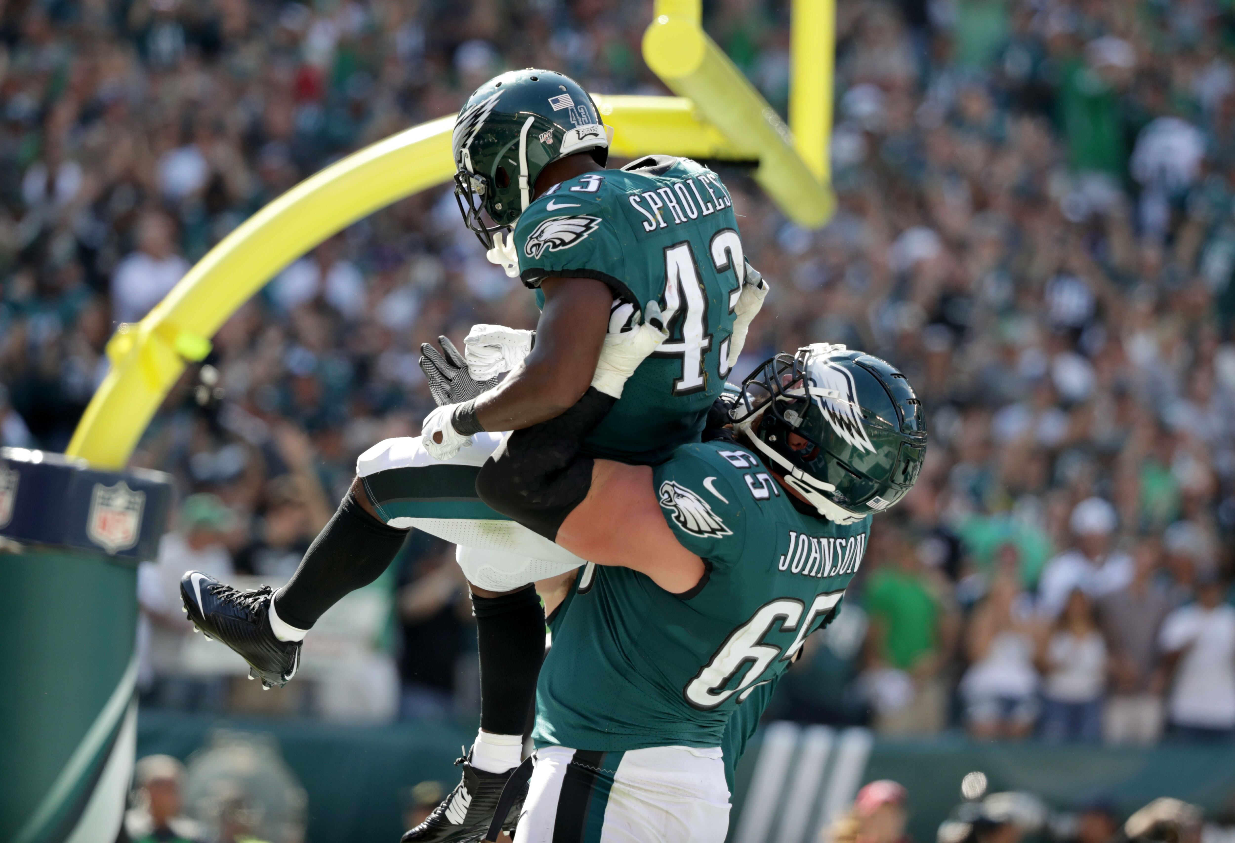 Philadelphia, United States. 08th Sep, 2019. Philadelphia Eagles wide  receiver DeSean Jackson (10) celebrates after scoring a touchdown during  the first half against the Washington Redskins at Lincoln Financial Field  in Philadelphia