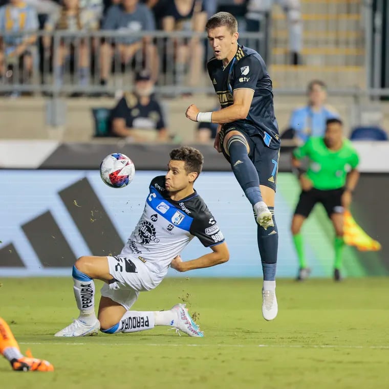 Mikael Uhre (right) in action with the Union during a Leagues Cup game against Mexico's Querétaro last year at Subaru Park.