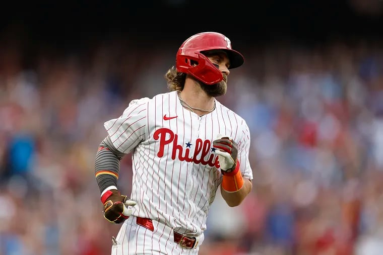 Phillies' Bryce Harper after hitting a two-run home run against the Cleveland Guardians on Saturday, July 27, 2024 in Philadelphia.