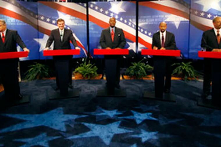 The candidates at last night&#0039;s debate at Drexel University (from left): U.S. Rep. Bob Brady, Tom Knox, State Rep. Dwight Evans, Michael Nutter, U.S. Rep. Chaka Fattah.