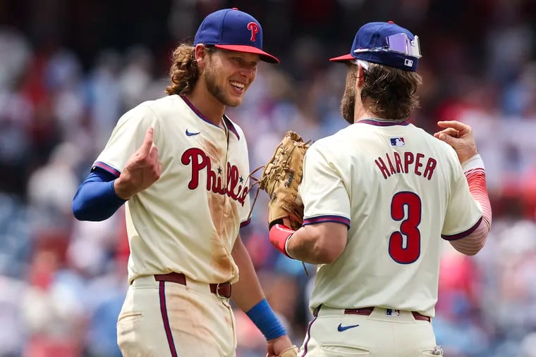 Phillies third baseman Alec Bohm and first baseman Bryce Harper lead the National League All-Star voting at their positions.