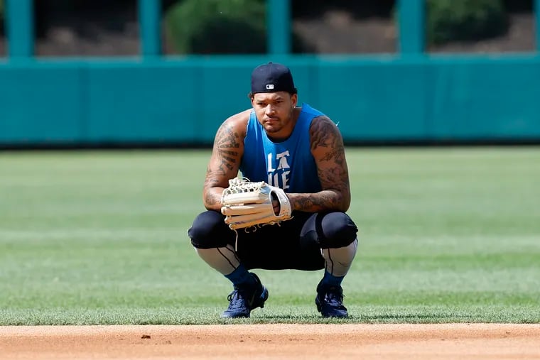 Phillies pitcher Taijuan Walker watching fielding practice before a game against the Cleveland Guardians on July 26.