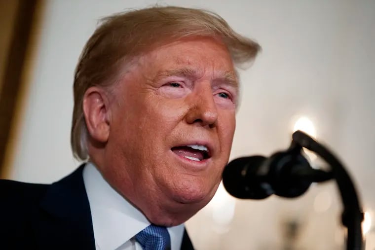 President Donald Trump speaks about the mass shootings in El Paso, Texas and Dayton, Ohio, in the Diplomatic Reception Room of the White House, Monday, Aug. 5, 2019, in Washington. (AP Photo/Evan Vucci)