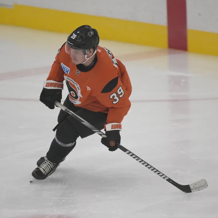 Matvei Michkov, shown during the first day of rookie camp at the Flyers Training Center, scored in the Flyers' rookie game vs. the Rangers on Friday night.