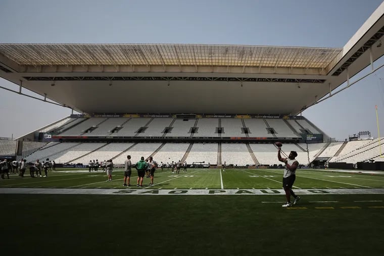 Eagles practicing at Corinthians Arena in São Paulo, Brazil on Thursday, where they will face the Green Bay Packers tonight to open the season.