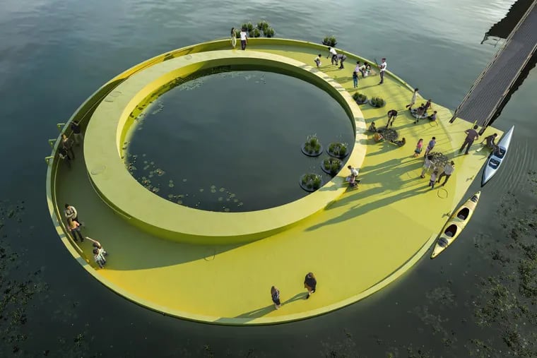 Rendering of a floating art installation to be installed at Bartram's Garden on the Schuylkill. The project is a collaboration between Bartram's and Mural Arts Philadelphia and is designed by artist J. Meejin Yoon and Howeler + Yoon Architecture. Construction is set to begin this fall of the 75-foot-wide structure, with opening expected in 2026.