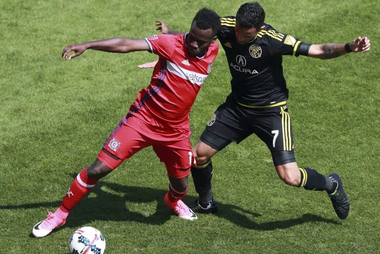 David Accam (left) had 14 goals and eight assists for the Chicago Fire in 2017.