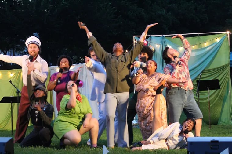 "Two Gentlemen of Verona: The Musical" at Shakespeare in Clark Park, with (left to right) Andrew Carroll, Donovan Lockett, Camille E. Young, Kerlin Pyun, Anthony Crosby, Bryant Fleming, Roberto Delgado, Vanesa Gomez, Wyatt Flynn, and (in front) Lexi Thammavong.