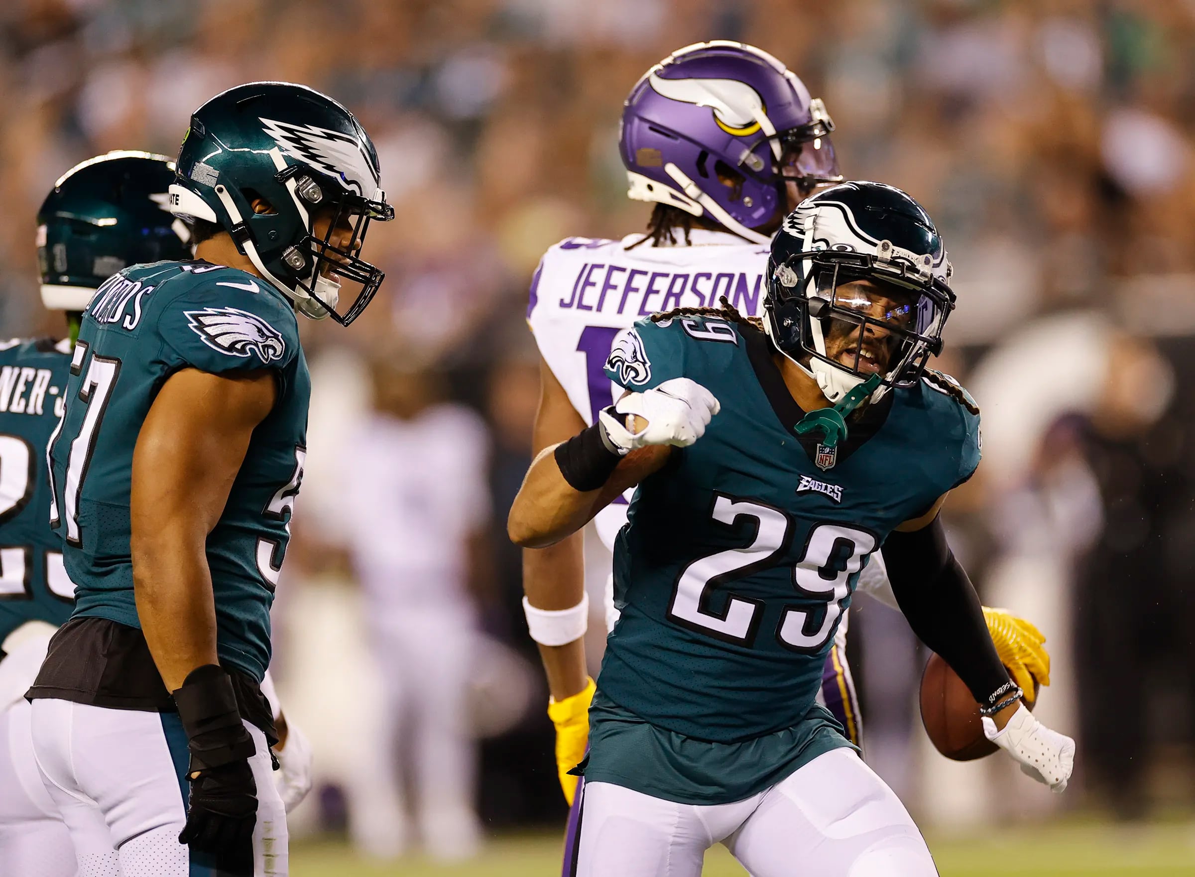 Philadelphia Eagles wide receiver Britain Covey (18) looks on during the  NFL football game against the Jacksonville Jaguars, Sunday, Oct. 2, 2022,  in Philadelphia. (AP Photo/Chris Szagola Stock Photo - Alamy