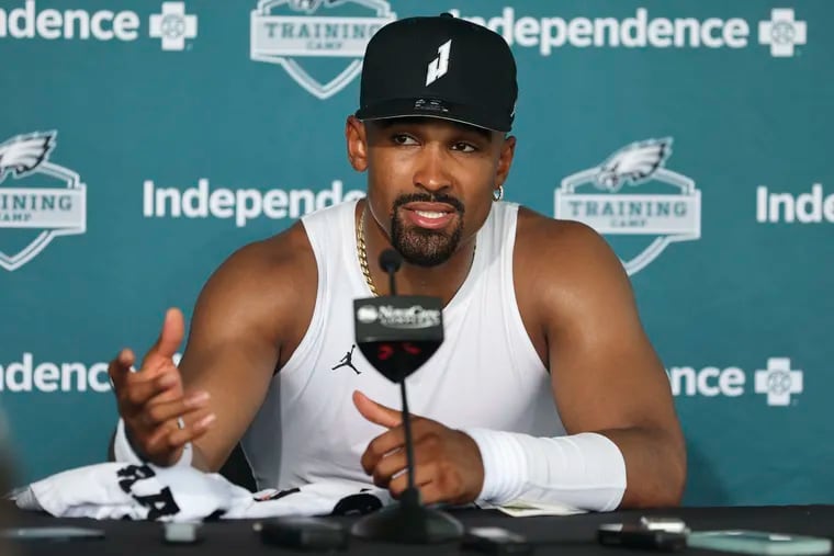 Philadelphia Eagles quarterback Jalen Hurts speaks during the first day of Eagles camp.
