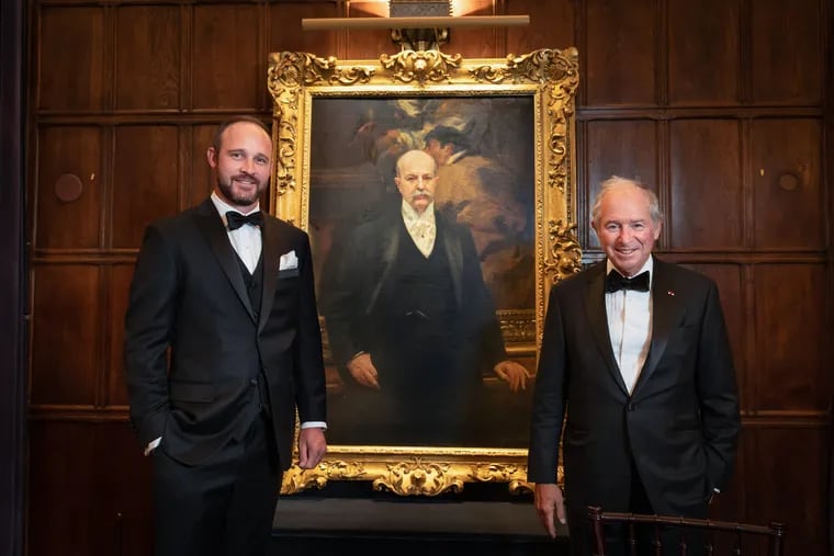 Peter R. Widener, left, and Stephen Schwarzman, right, with John Singer Sargent’s 1903 portrait of Philadelphia businessman and art collector Peter A.B. Widener at the Explorers Club on New York's Upper East Side, Sept. 10, 2024.