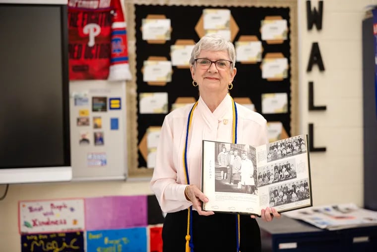 Joanne Grimes poses for picture before the induction ceremony at Burlington City High School in Burlington, NJ on Wednesday, October 16, 2024. In 1961, Joanne Grimes was removed from the National Honor Society after getting pregnant at the age of 15, and 61 years later the school gave her a new certificate and pin.