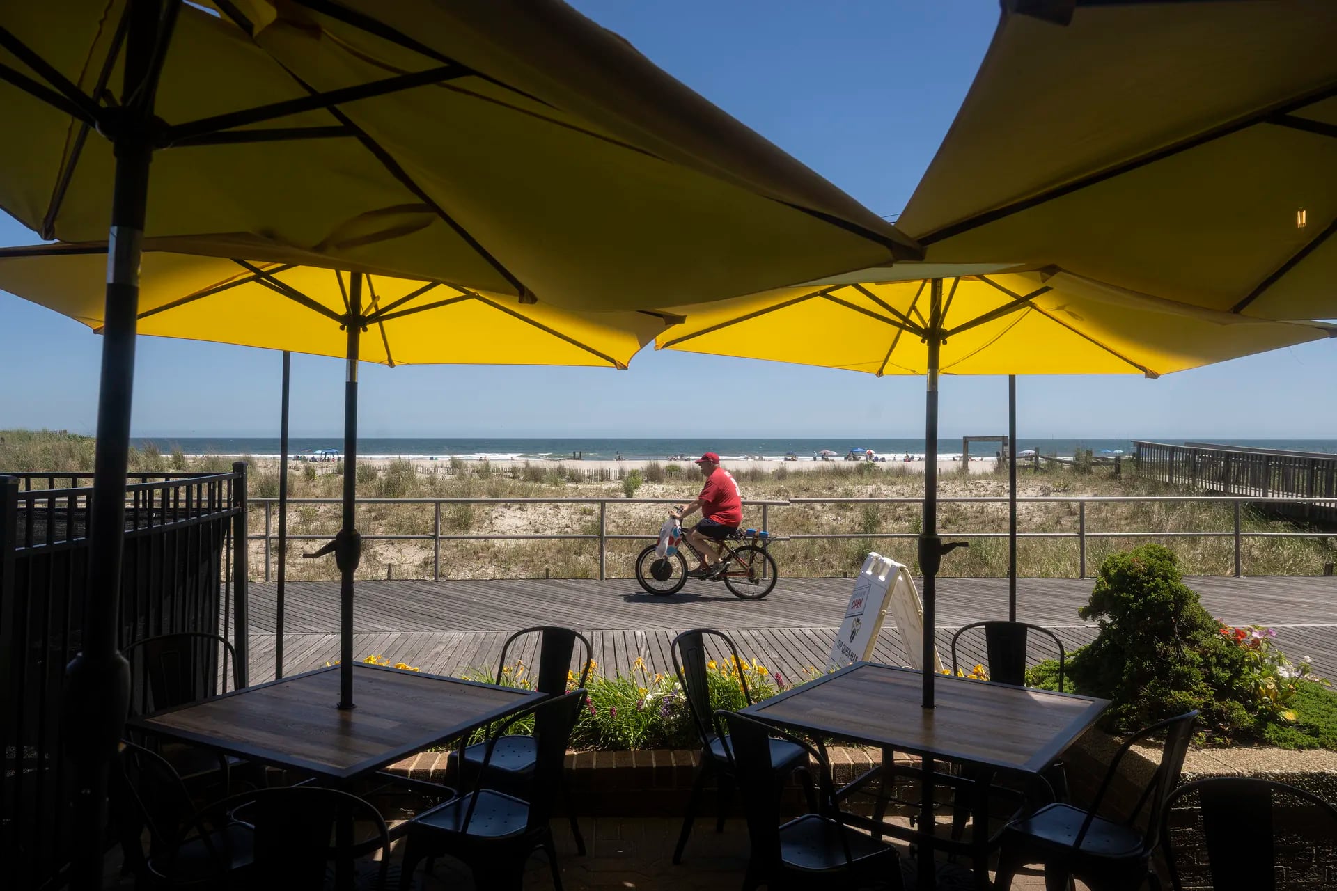 The boardwalk patio at Queen Bean Bistro in Ventnor City has an ocean view.