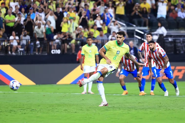 Lucas Paqueta of Brazil takes a penalty kick to score the team's fourth goal during the CONMEBOL Copa America 2024 Group D match between Paraguay and Brazil at Allegiant Stadium on June 28, 2024 in Las Vegas, Nevada. (Photo by Buda Mendes/Getty Images)