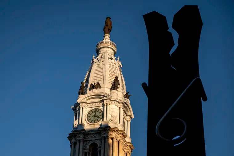 Philadelphia City Hall and the park of “Clothespin,” the 1976 sculpture by Claes Oldenburg in Centre Square Plaza, in November 2023. The Parker administration's five-year financial plan for the city was approved Thursday by the Pennsylvania Intergovernmental Cooperation Authority.