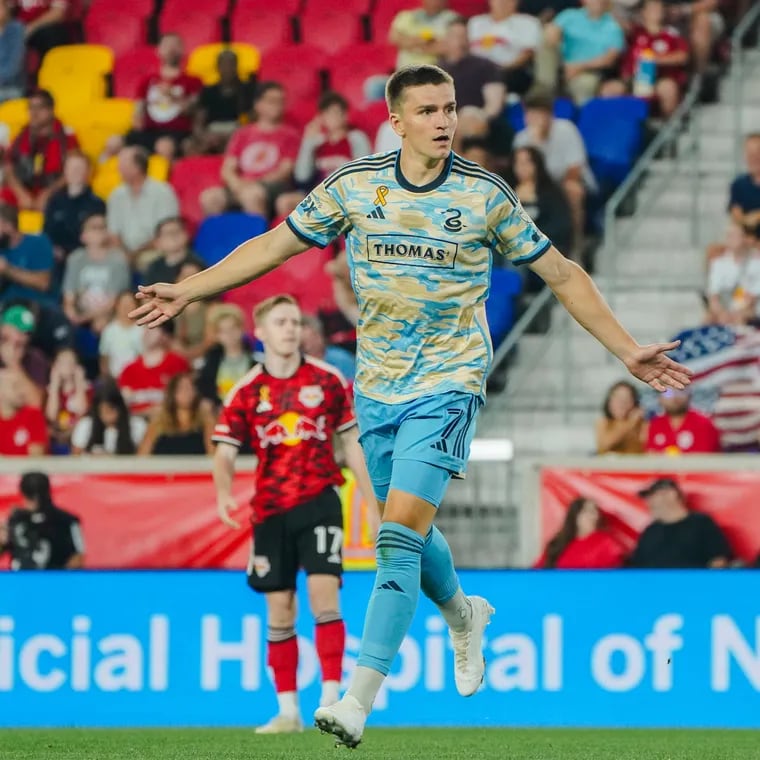 Mikael Uhre celebrates after scoring his 10th goal of the year in the Union's 2-0 win at the New York Red Bulls on Saturday.