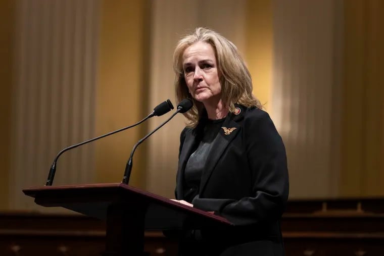 Rep. Madeleine Dean (D., Pa.) speaks as members of Congress share recollections of Jan. 6, 2021, during the first anniversary of the attack. Dean is serving on a bipartisan task force investigating the Butler County assassination attempt against former President Donald Trump.