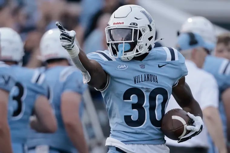 Villanova’s Ja'briel Mace celebrates a first down on Thursday night in the Wildcats' season-opener.