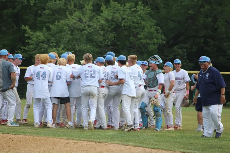 Father Judge's baseball team celebrates the victory over North Penn in the PIAA Class 6A semifinals.