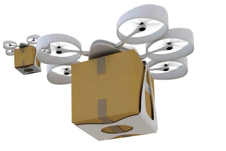 3D rendering of a group of flying drones transporting packages