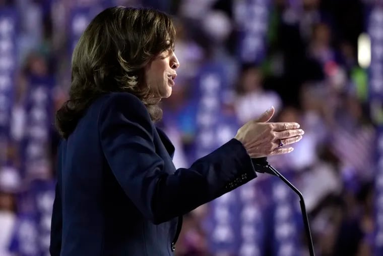 Vice President Kamala Harris speaks on the final day of the Democratic National Convention Thursday.