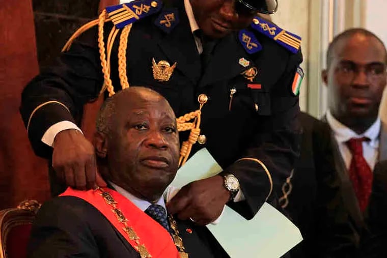 Presidential rivals in Ivory Coast Laurent Gbagbo, the incumbent, left, with the ceremonial chain he wore at his swearing-in. At right, opposition leader Alassane Ouattara during his swearing-in ceremony.