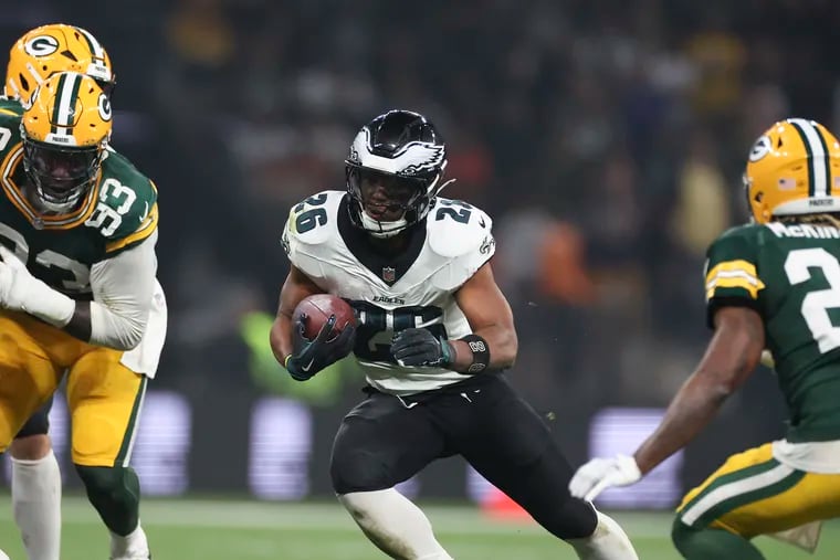 Eagles running back Saquon Barkley runs with the football during the second quarter in the season opener against the Green Bay Packers at Corinthians Arena in São Paulo, Brazil on Friday, September 6, 2024