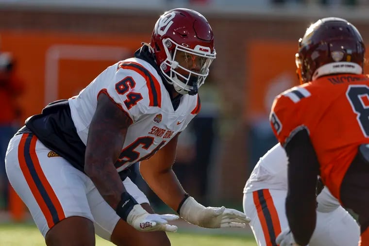 American offensive lineman Wanya Morris of Oklahoma (64) during the second half of the Senior Bowl NCAA college football game Saturday, Feb. 4, 2023, in Mobile, Ala.