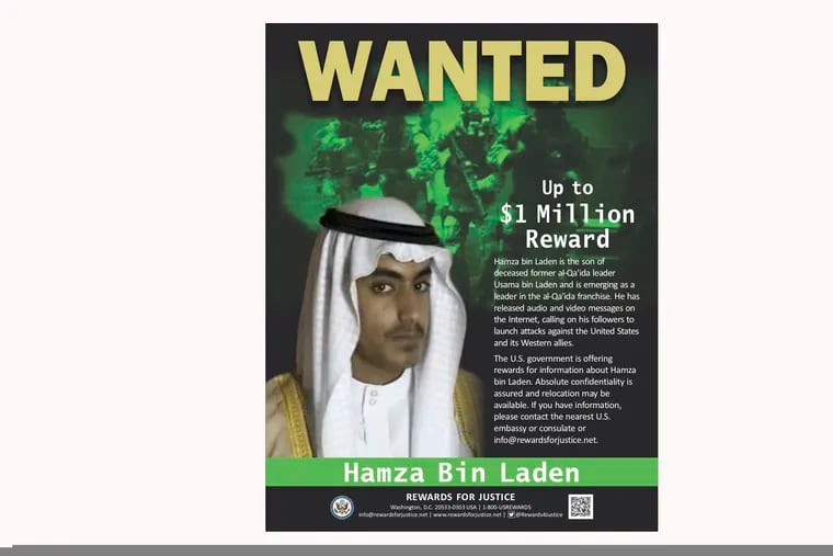 This wanted poster released by the U.S. Department of State Rewards for Justice program shows Hamza bin Laden. Saudi Arabia announced Friday, March 1, 2019, it had revoked the citizenship of bin Laden, the son of the late al-Qaeda leader who has become an increasingly prominent figure in the terror network. (Rewards for Justice via AP)