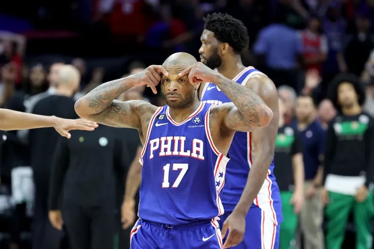 P.J. Tucker #of the Philadelphia 76ers reacts against the Boston Celtics during overtime in Game 4 of the Eastern Conference Second Round Playoffs at Wells Fargo Center on May 07, 2023 in Philadelphia, Pennsylvania. (Photo by Tim Nwachukwu/Getty Images)