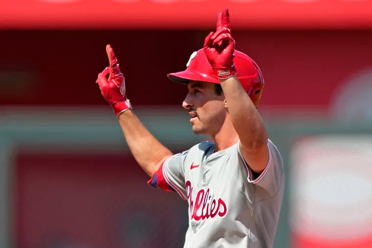 Philadelphia Phillies catcher Garrett Stubbs celebrates after hitting an RBI double in the sixth inning.