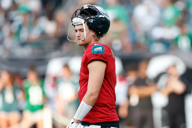 Eagles quarterback Kenny Pickett before the public practice at Lincoln Financial Field on Thursday. He was a starter the last two seasons with the Steelers.