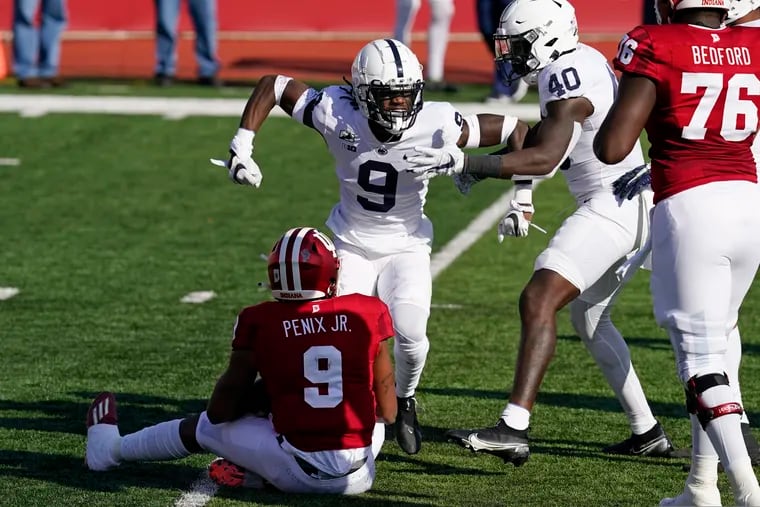 Penn State's Joey Porter Jr. (9) celebrates a sack of Indiana quarterback Michael Penix on Oct. 24.