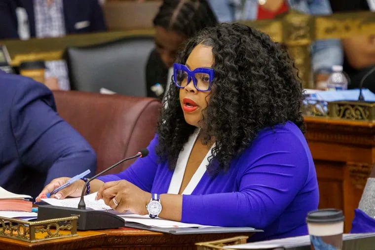 Philadelphia Councilmember Katherine Gilmore Richardson sits during a Council meeting last week. On Monday, she spoke during a labor committee hearing about the impact return-to-office policies may have on working parents.