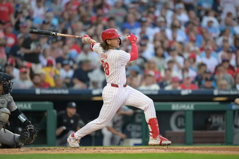 Phillies’ Alec Bohm hits a double during the first inning against the New York Yankees on July 30.