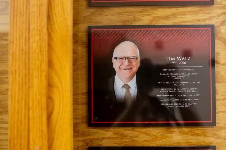 A plaque showing Minnesota Gov. Tim Walz sits in Mankato West High School's Hall of Fame Thursday in Mankato, Minn.