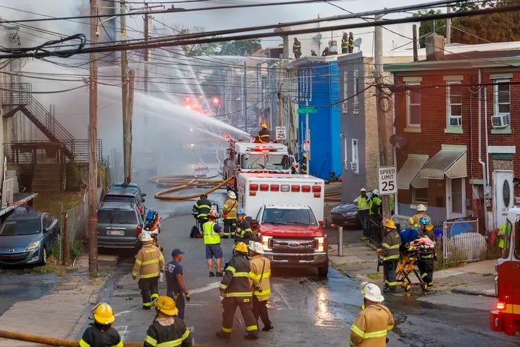 More than 100 firefighters battled a four-alarm blaze that ripped through a four-story building in Frankford on Friday morning. A Philadelphia Fire Department spokesperson said the blaze in a building on the 1200 block of Adams Avenue was reported shortly after 5:30 a.m. The fire quickly
escalated to four alarms and firefighters battled more than three hours to control it. No injuries were reported, but some vehicles were damaged.