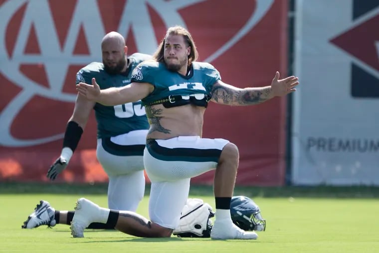 Nick Gates, shown during practice on Aug. 5, was signed to the active roster ahead of Monday's game against the Falcons.