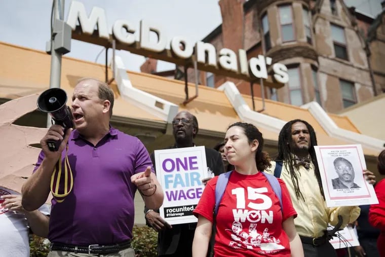 Pennsylvania State Sen. Daylin Leach (D., Montgomery) at a May Day demonstration in 2015 calling for a raise of the minimum wages to $15 an hour.