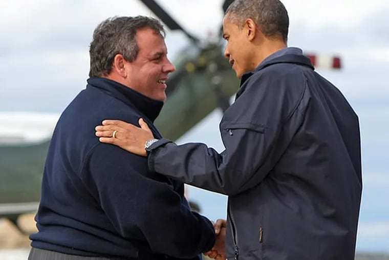 Gov. Chris Christie greets President Barack Obama before an aerial tour of Hurricane Sandy damage at Atlantic City Airport in Atlantic City, N.J., on Oct. 31, 2012. It was a moment that would be used against him in ads in his 2016 presidential bid. Christie will enter the 2024 presidential contest next week.