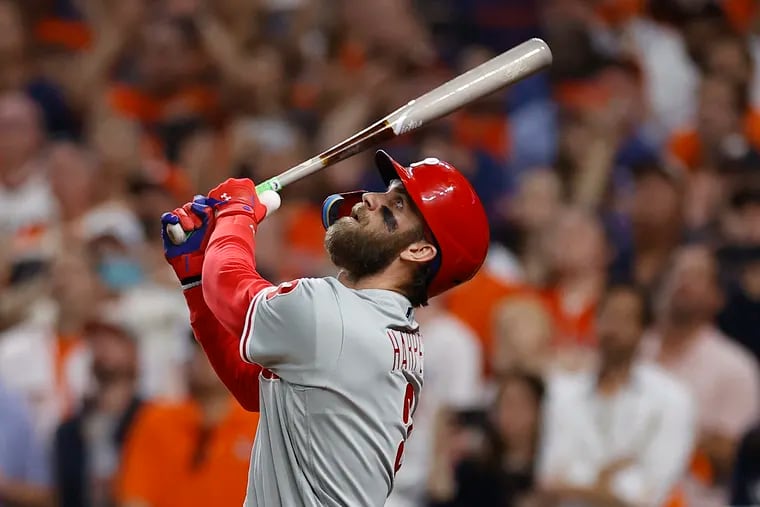 Phillies designated hitter Bryce Harper bats against the Houston Astros in Game 6 of the World Series on Saturday, November 5, 2022 in Houston.