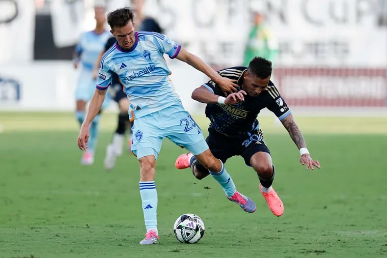 Union midfielder Jesús Bueno battles for the ball against Colorado Rapids midfielder Cole Bassett during the third-place Leagues Cup match at Subaru Park on Sunday.