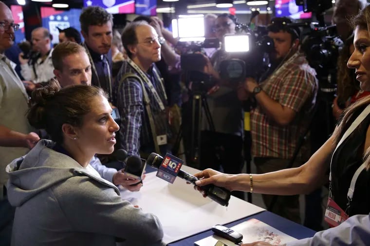 Carli Llyod speaks to reporters during the U.S. women's soccer team's World Cup media day on May 24.