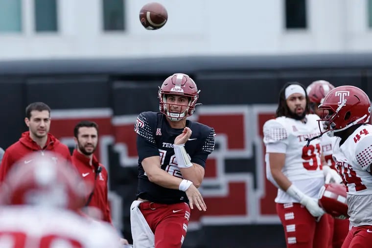 Temple quarterback Evan Simon throws the football during the Cherry and White spring football game on April 13.